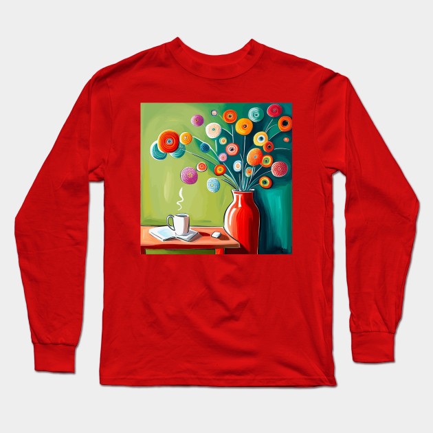 Inquisitive Cute Abstract Flowers in a Red Vase Still Life Painting Long Sleeve T-Shirt by bragova